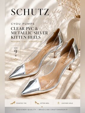 Schutz Cyou Metallic Silver Clear PVC Pointed Toe Kitten Heels Size 9
